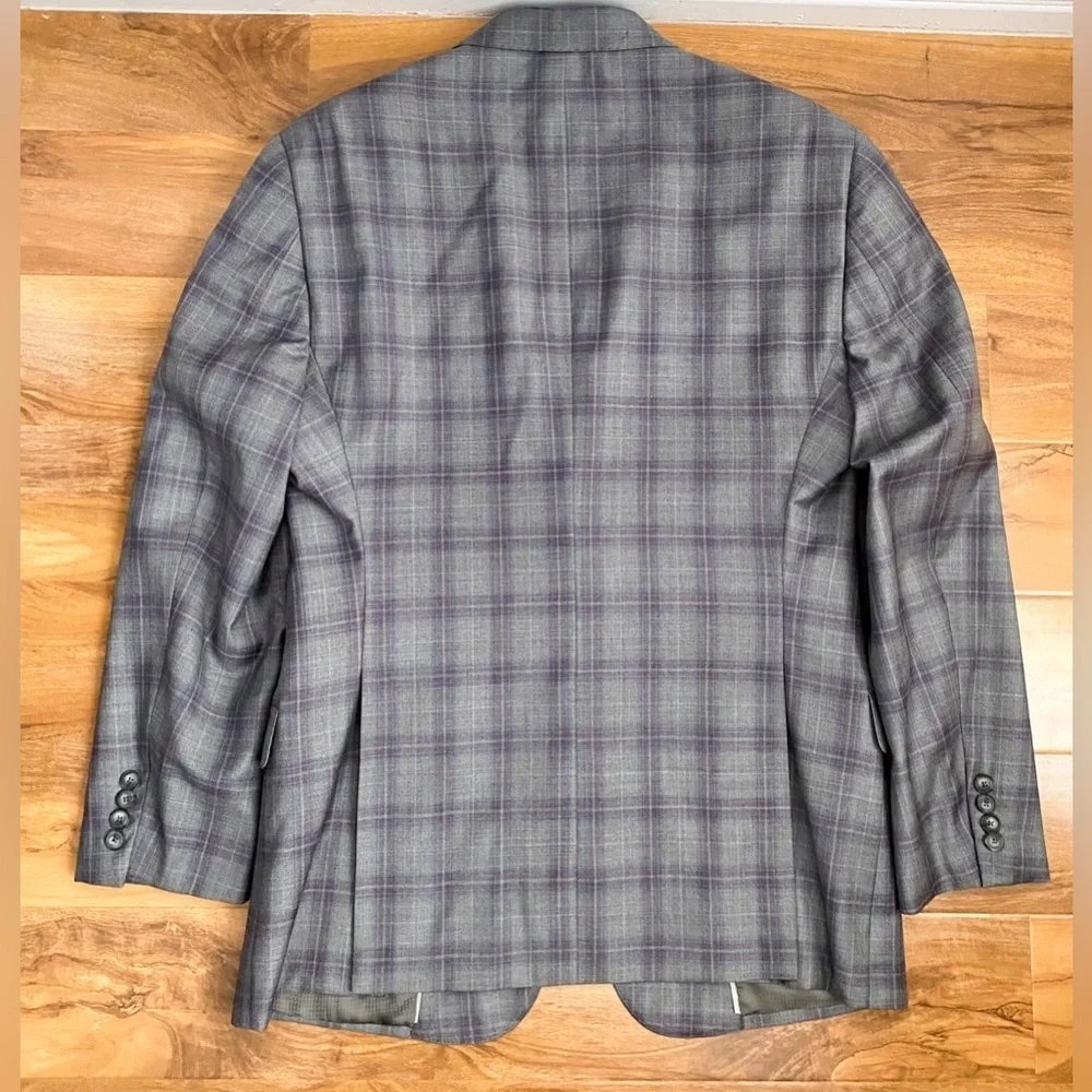 Emporio Armani GLine Virgin Wool Gray Plum Check Pane Plaid Sport Coat Blazer 54
